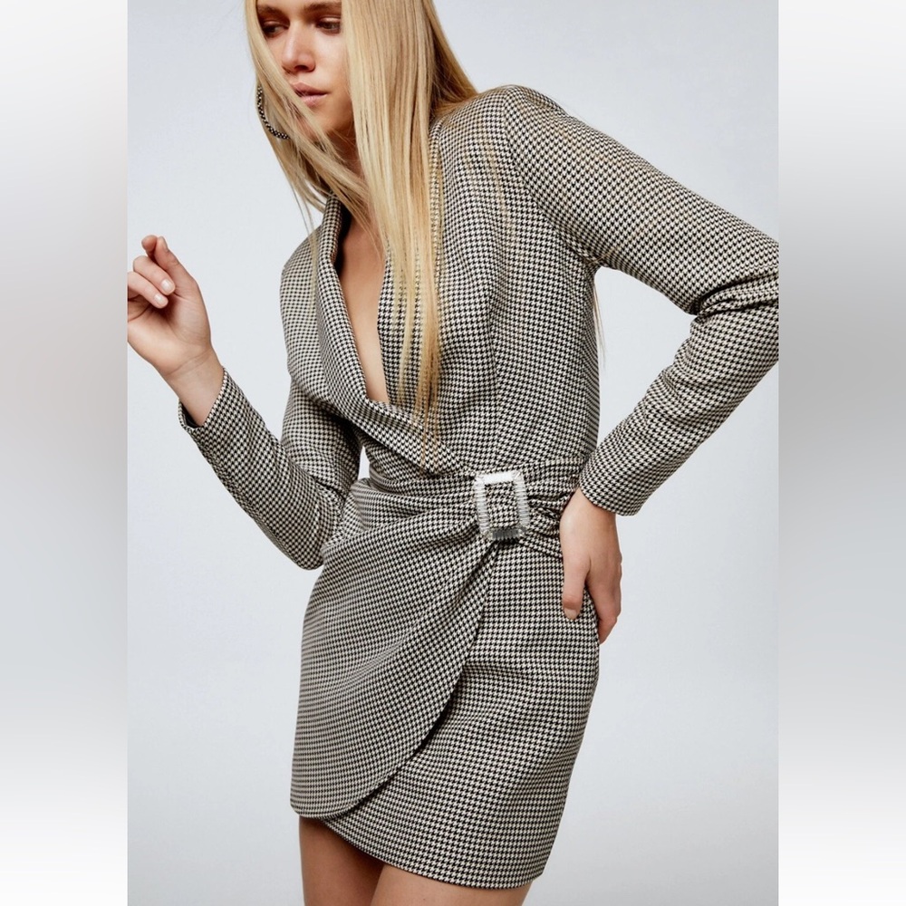 NEW Zara Blazer Dress Sz XL Houndstooth Lined Jewel Buckle Party Wedding Club